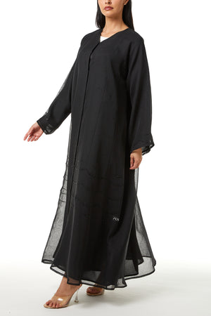 Black Plain Organza Custom Abaya, Front Panel and Sleeve Beadwork Detail