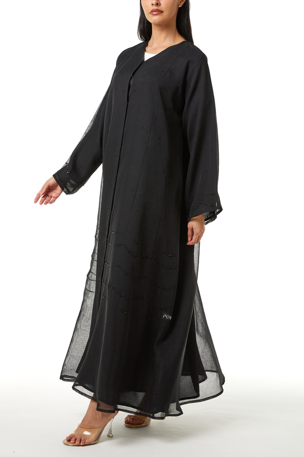Black Plain Organza Custom Abaya, Front Panel and Sleeve Beadwork Detail