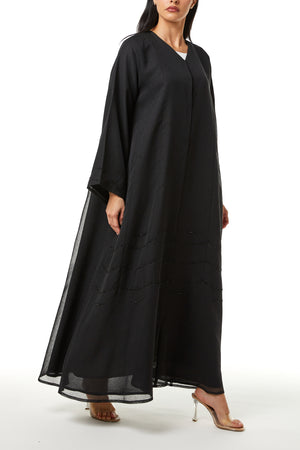 Black Plain Organza Custom Abaya, Front Panel and Sleeve Beadwork Detail