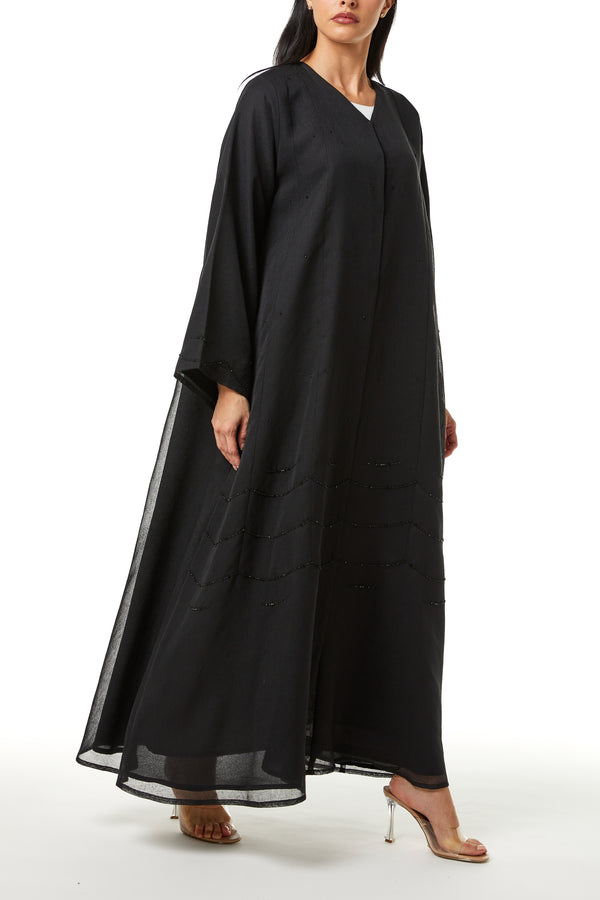 Black Plain Organza Custom Abaya, Front Panel and Sleeve Beadwork Detail