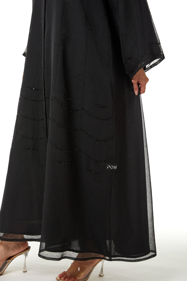 Black Plain Organza Custom Abaya, Front Panel and Sleeve Beadwork Detail