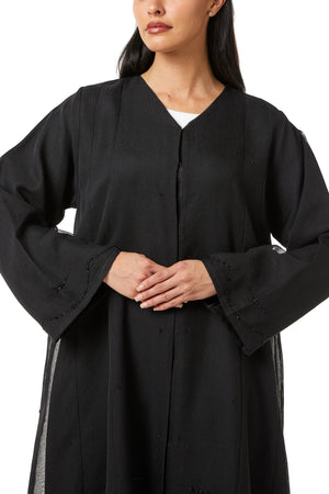 Black Plain Organza Custom Abaya, Front Panel and Sleeve Beadwork Detail