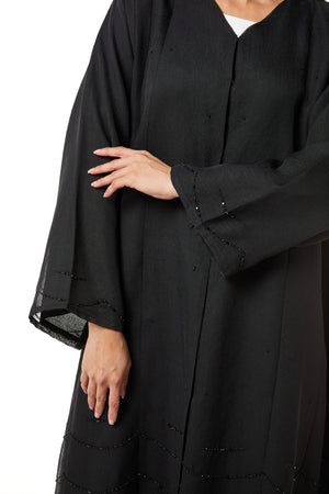 Black Plain Organza Custom Abaya, Front Panel and Sleeve Beadwork Detail