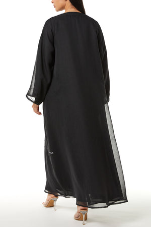 Black Plain Organza Custom Abaya, Front Panel and Sleeve Beadwork Detail