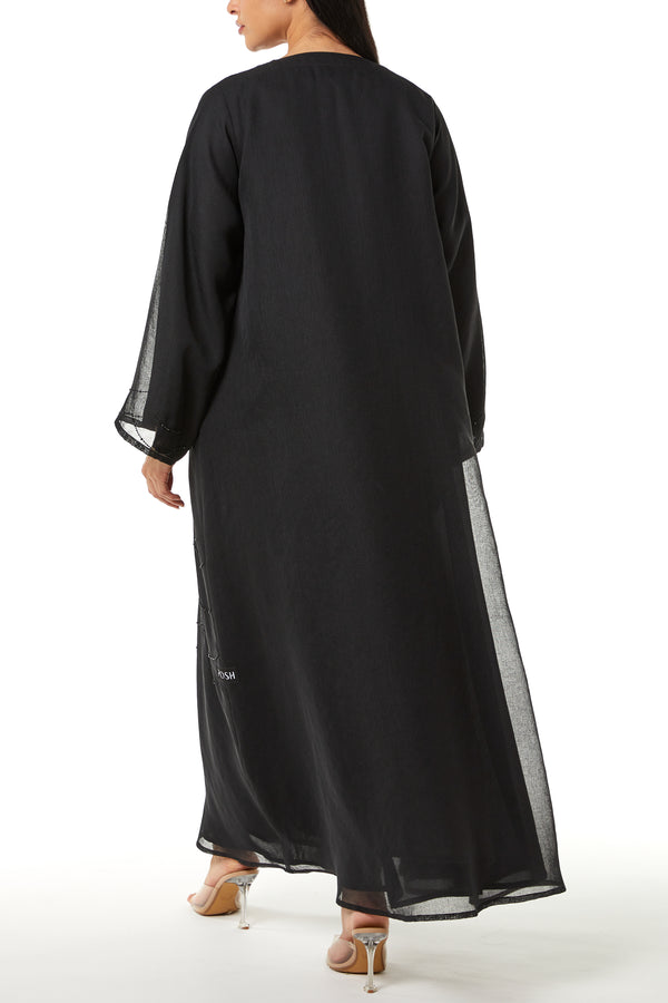Black Plain Organza Custom Abaya, Front Panel and Sleeve Beadwork Detail