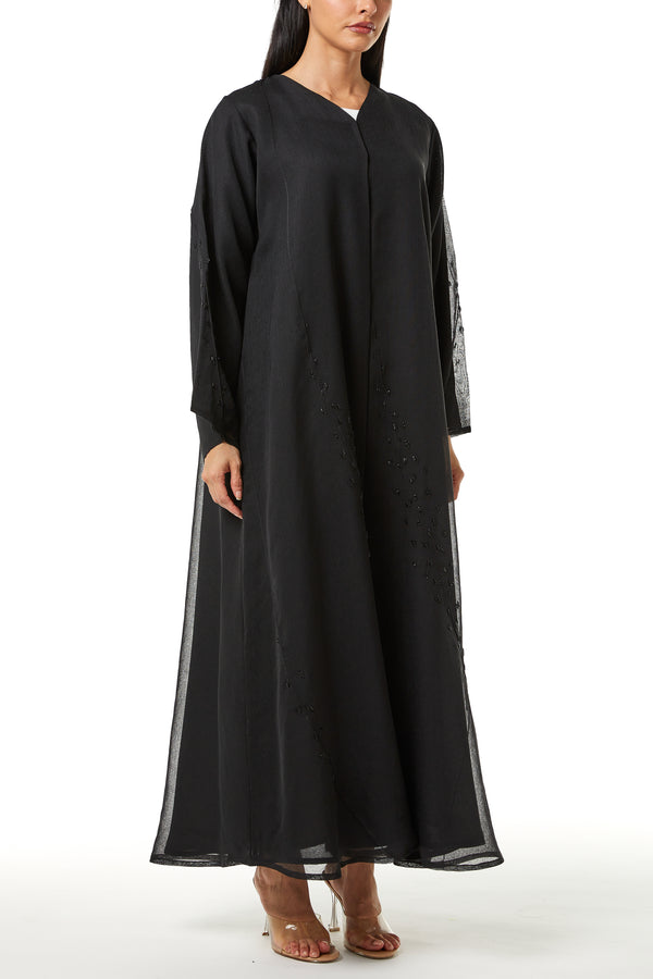Black Plain Organza Custom Abaya, Side and Sleeve Beadwork Detail