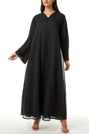 Black Plain Organza Custom Abaya, Side and Sleeve Beadwork Detail