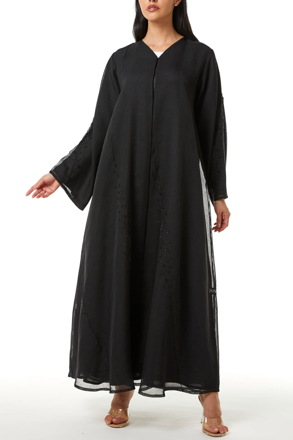 Black Plain Organza Custom Abaya, Side and Sleeve Beadwork Detail