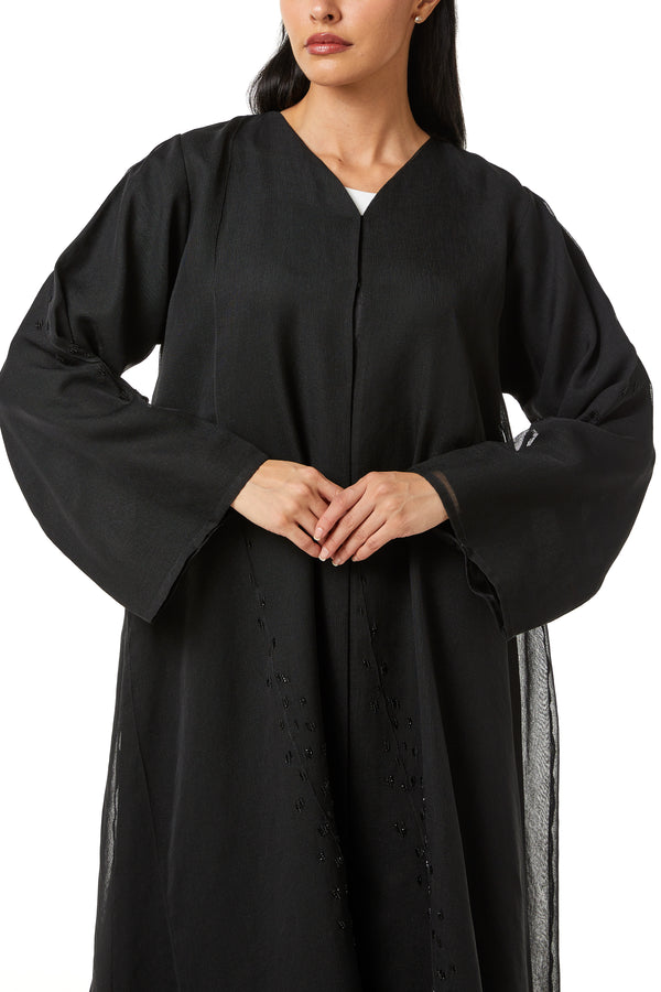 Black Plain Organza Custom Abaya, Side and Sleeve Beadwork Detail