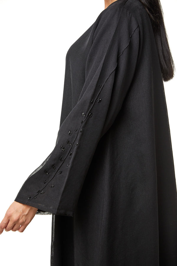 Black Plain Organza Custom Abaya, Side and Sleeve Beadwork Detail