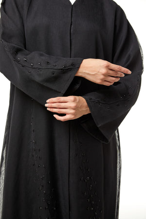 Black Plain Organza Custom Abaya, Side and Sleeve Beadwork Detail