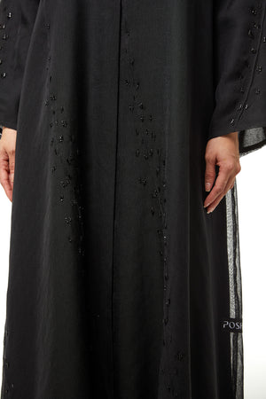 Black Plain Organza Custom Abaya, Side and Sleeve Beadwork Detail
