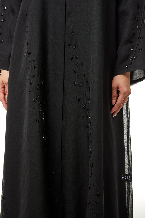 Black Plain Organza Custom Abaya, Side and Sleeve Beadwork Detail