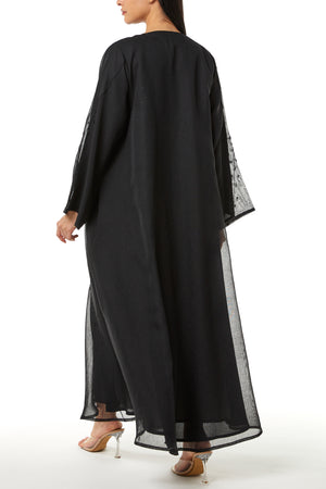 Black Plain Organza Custom Abaya, Side and Sleeve Beadwork Detail