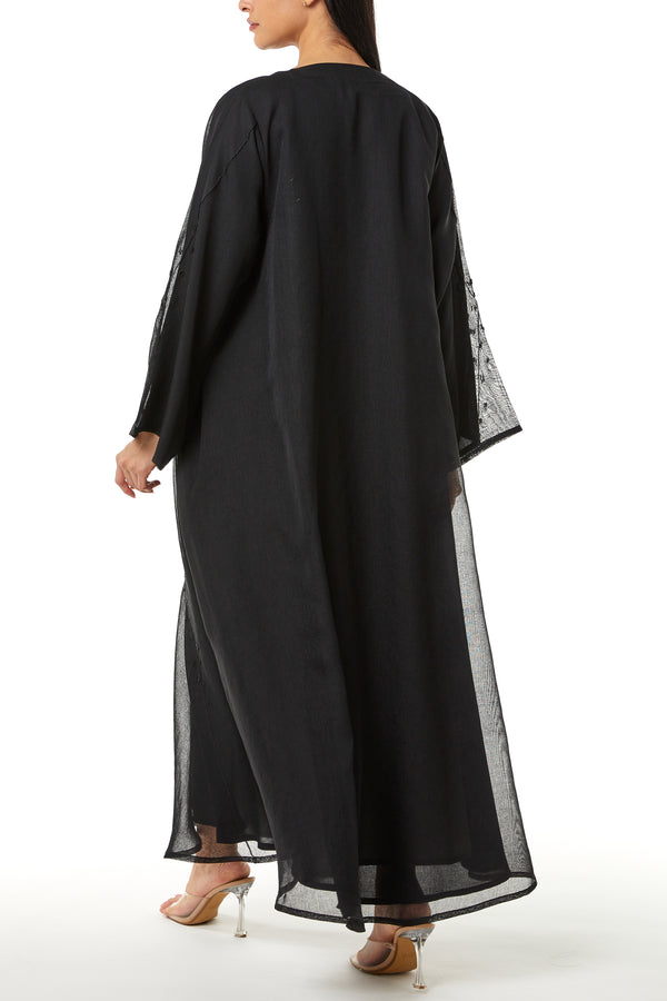 Black Plain Organza Custom Abaya, Side and Sleeve Beadwork Detail