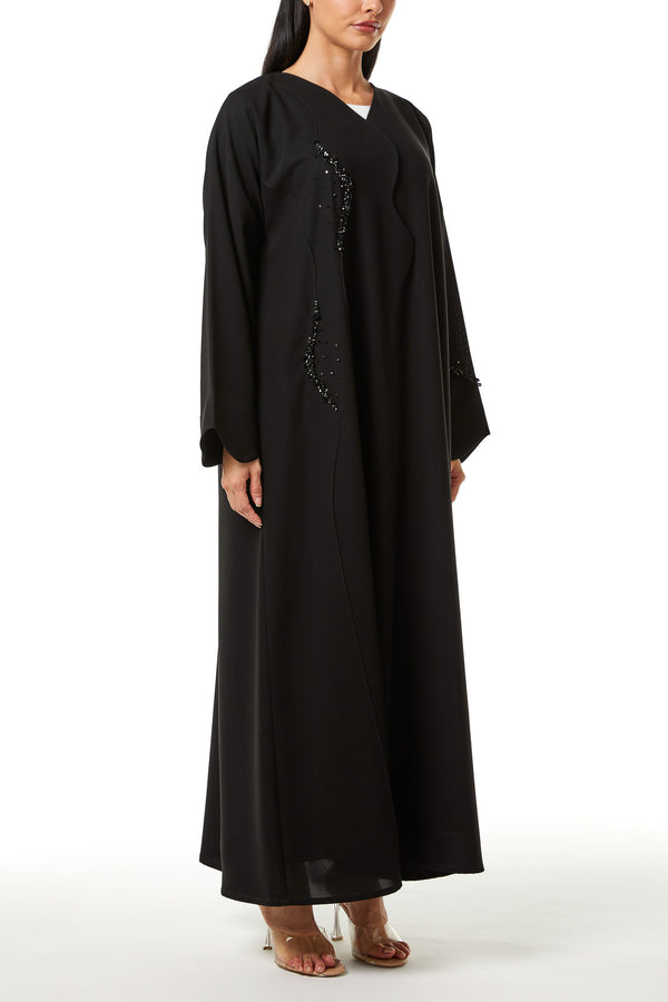 Black Nova Crepe Abaya, Front Beadwork Detail