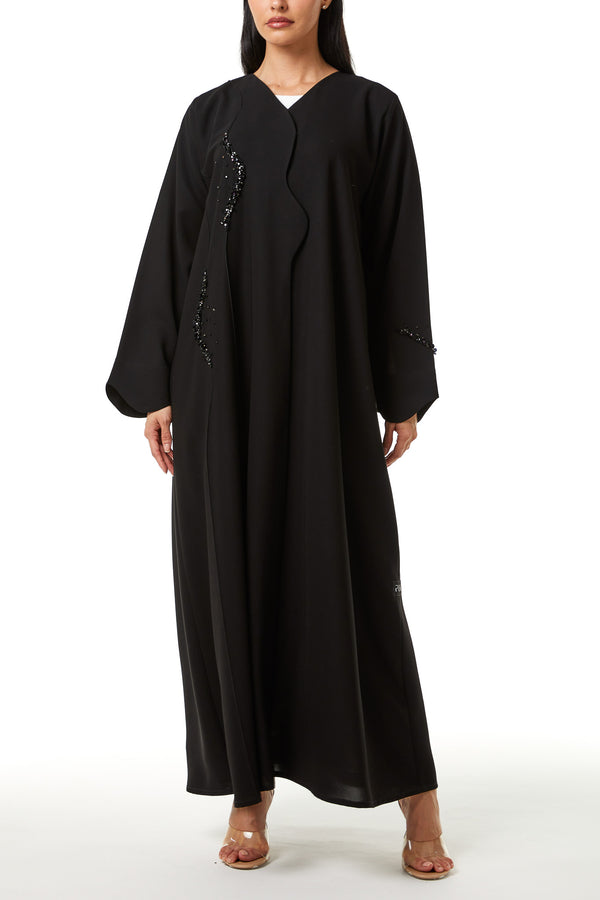 Black Nova Crepe Abaya, Front Beadwork Detail