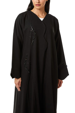 Black Nova Crepe Abaya, Front Beadwork Detail