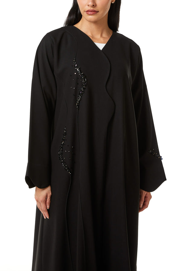 Black Nova Crepe Abaya, Front Beadwork Detail