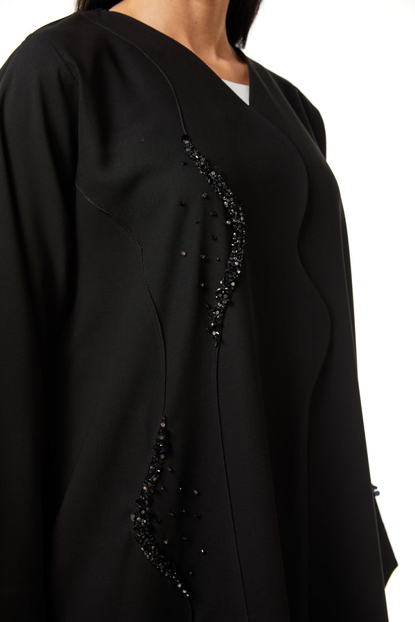 Black Nova Crepe Abaya, Front Beadwork Detail