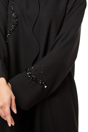 Black Nova Crepe Abaya, Front Beadwork Detail