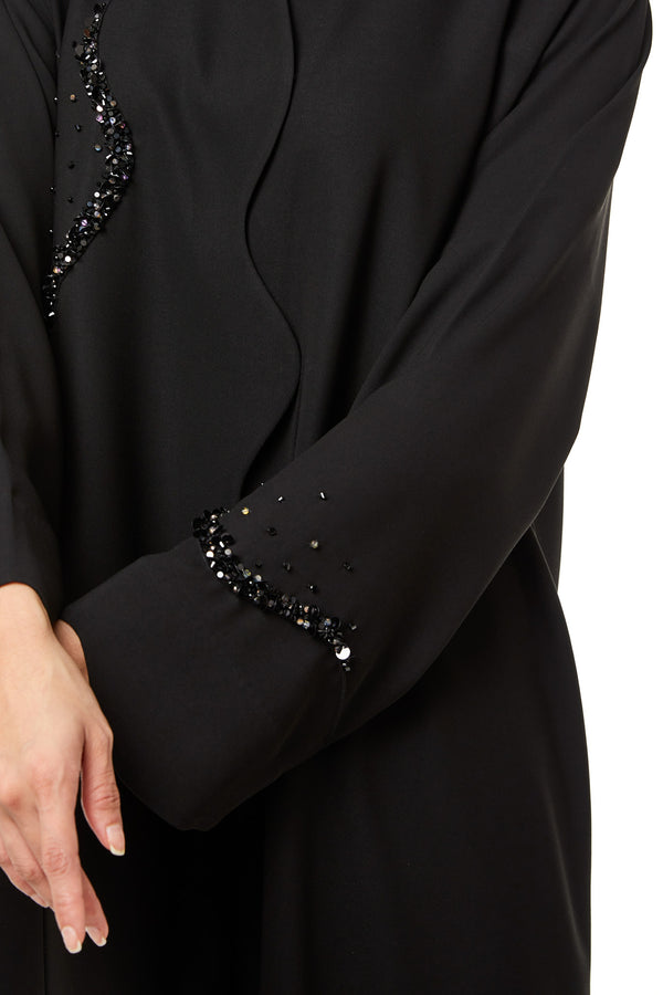 Black Nova Crepe Abaya, Front Beadwork Detail