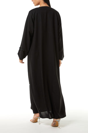 Black Nova Crepe Abaya, Front Beadwork Detail