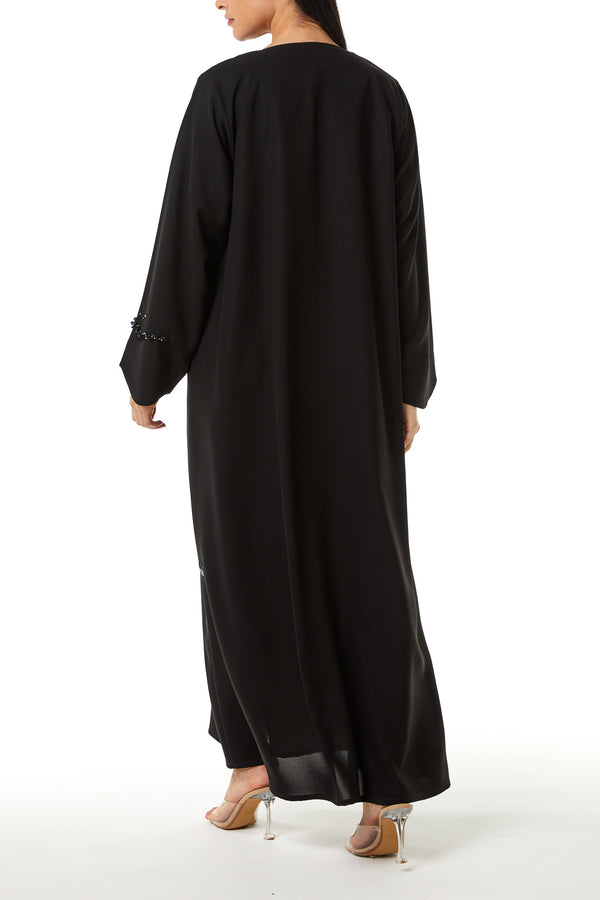 Black Nova Crepe Abaya, Front Beadwork Detail