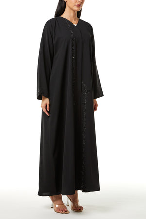 Black Aria Crepe Custom Abaya, Front Panel Beadwork Detail