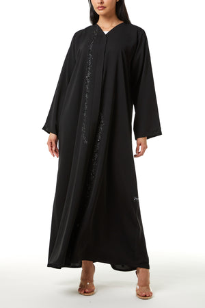 Black Aria Crepe Custom Abaya, Front Panel Beadwork Detail