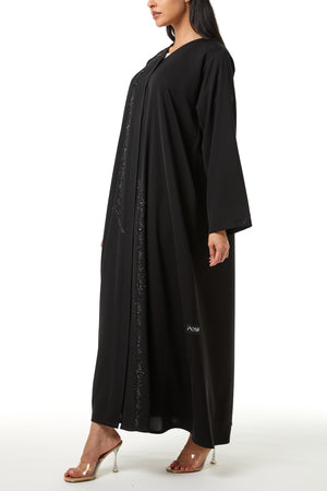 Black Aria Crepe Custom Abaya, Front Panel Beadwork Detail