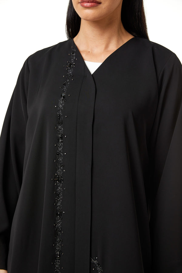 Black Aria Crepe Custom Abaya, Front Panel Beadwork Detail