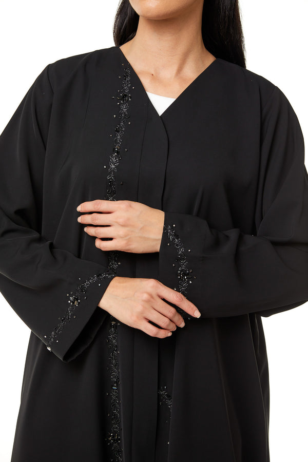 Black Aria Crepe Custom Abaya, Front Panel Beadwork Detail