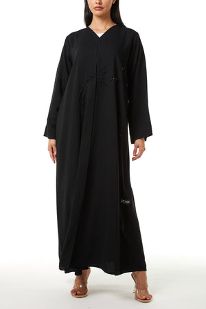 Black Lyra Crepe Custom Abaya with Front Beadwork Detail
