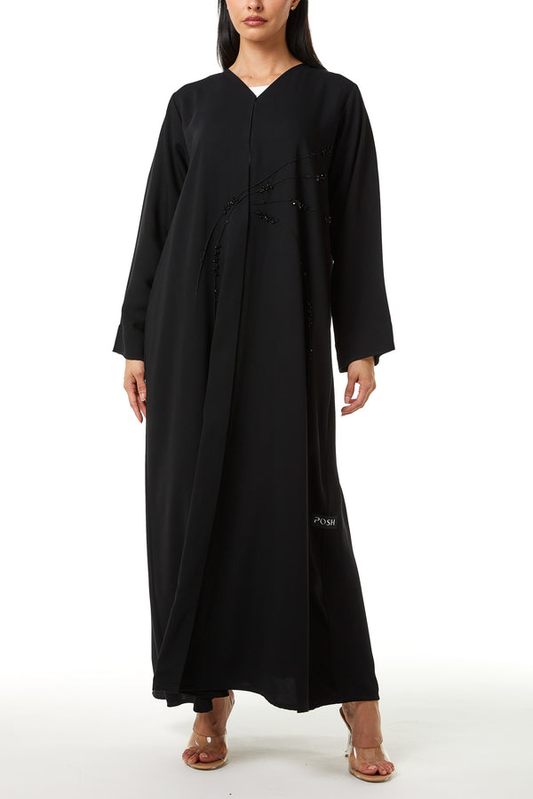 Black Lyra Crepe Custom Abaya with Front Beadwork Detail