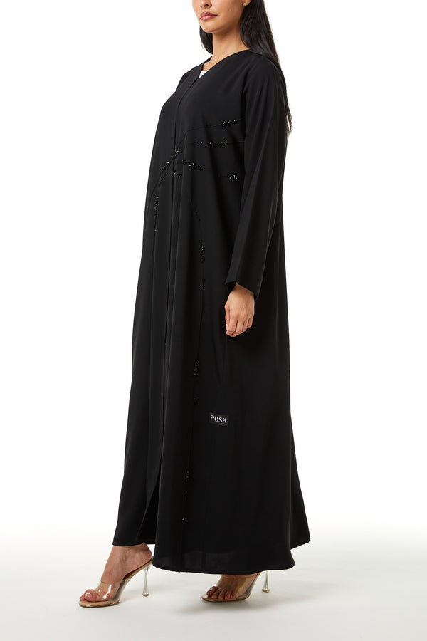 Black Lyra Crepe Abaya with Front Beadwork Detail