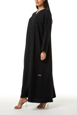 Black Lyra Crepe Custom Abaya with Front Beadwork Detail