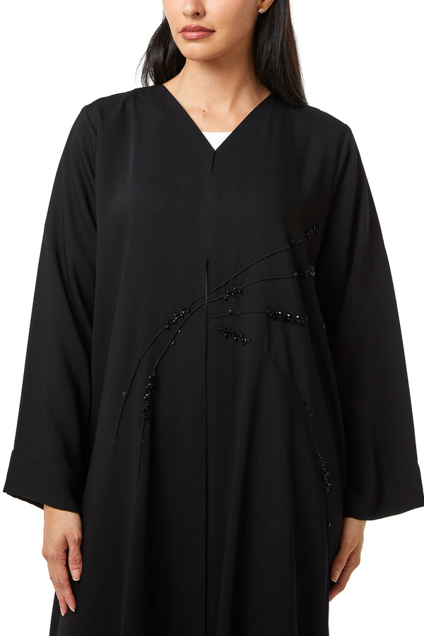 Black Lyra Crepe Custom Abaya with Front Beadwork Detail