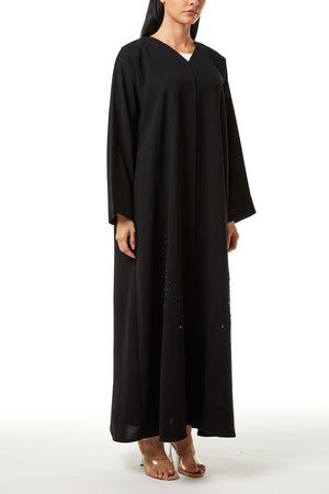 Black Jaime Crepe Custom Abaya, Front Beadwork Detail