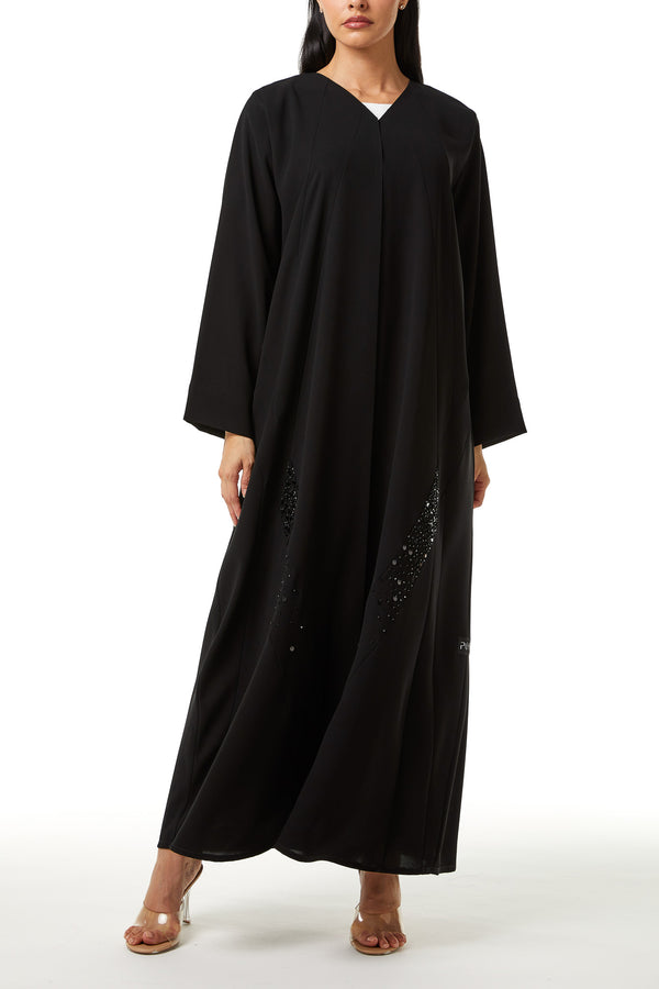 Black Jaime Crepe Custom Abaya, Front Beadwork Detail