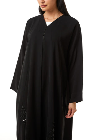 Black Jaime Crepe Custom Abaya, Front Beadwork Detail