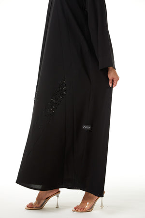 Black Jaime Crepe Custom Abaya, Front Beadwork Detail