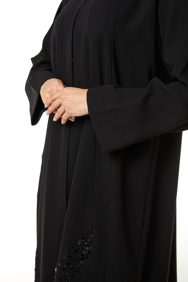 Black Jaime Crepe Custom Abaya, Front Beadwork Detail