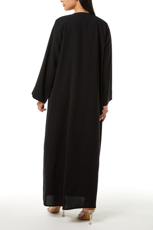 Black Jaime Crepe Custom Abaya, Front Beadwork Detail