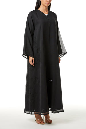 Black Plain Organza Custom Abaya , Side Panel and Sleeve Beadwork Detail