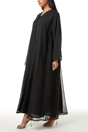 Black Plain Organza Custom Abaya , Side Panel and Sleeve Beadwork Detail