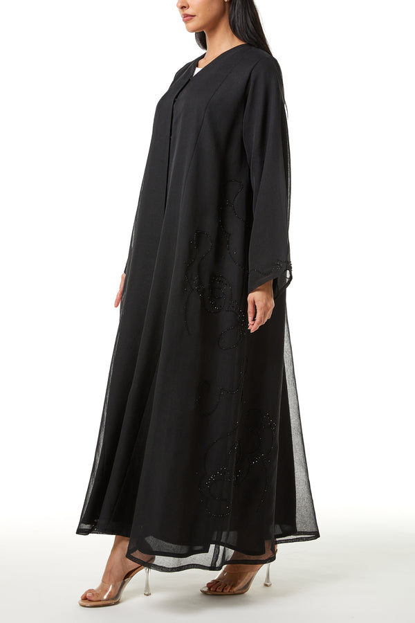 Black Plain Organza Custom Abaya , Side Panel and Sleeve Beadwork Detail
