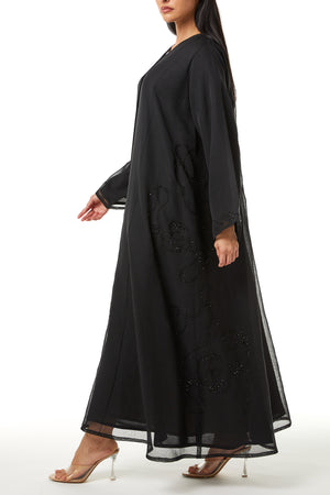 Black Plain Organza Custom Abaya , Side Panel and Sleeve Beadwork Detail