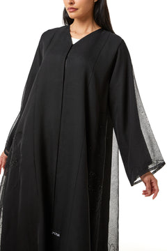 Black Plain Organza Custom Abaya , Side Panel and Sleeve Beadwork Detail