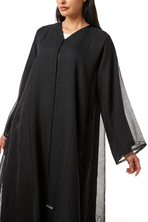 Black Plain Organza Custom Abaya , Side Panel and Sleeve Beadwork Detail